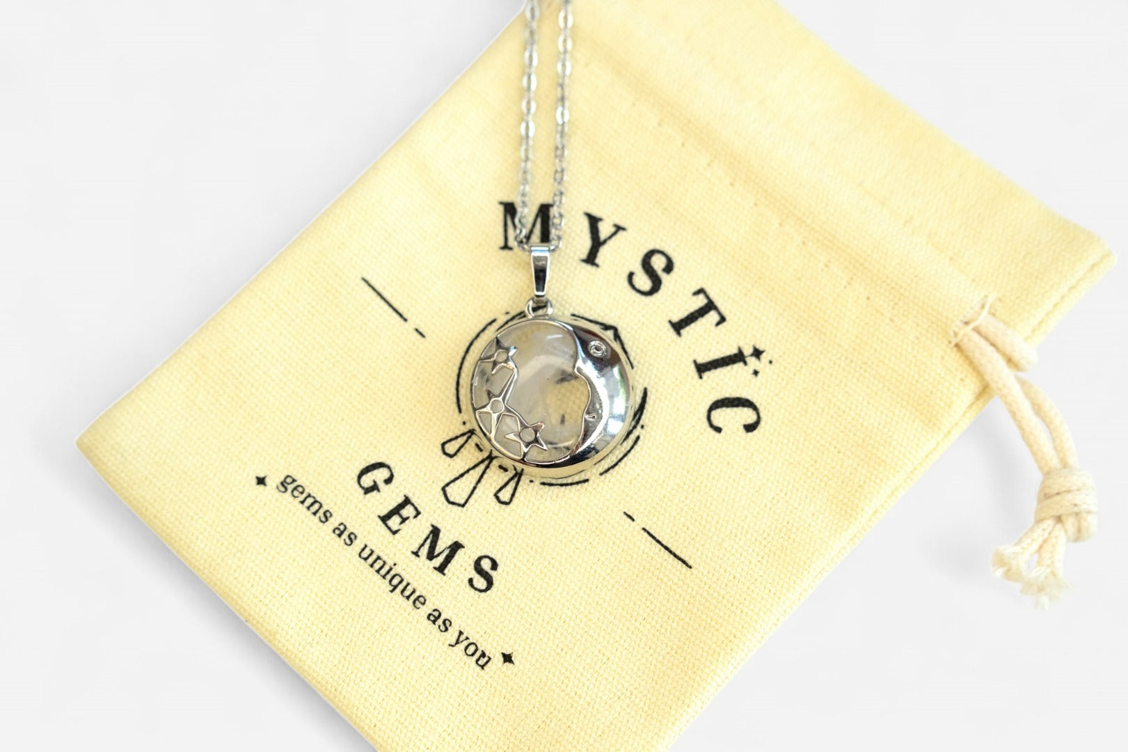 Clear Quartz Moon Natural Gemstone Pendant Necklace 50cm with Pouch - Mystic Gems