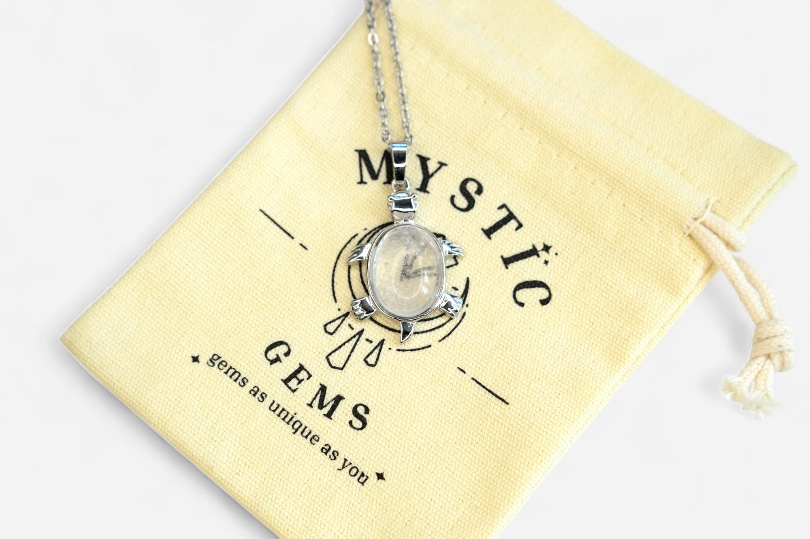 Rock Crystal Turtle Natural Gemstone Pendant Necklace 50cm with Pouch - Mystic Gems
