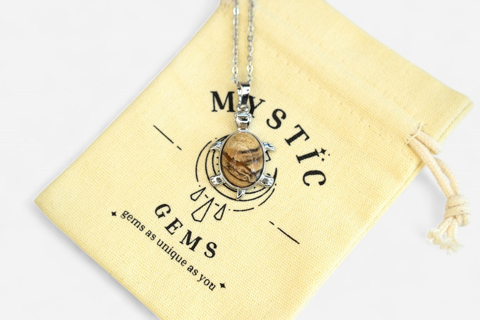 Picture Jasper Turtle Manmade Gemstone Pendant Necklace 50cm with Pouch - Mystic Gems
