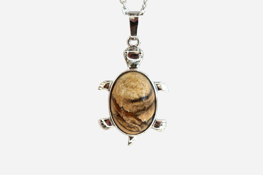 Picture Jasper Turtle Manmade Gemstone Pendant Necklace 50cm with Pouch - Mystic Gems