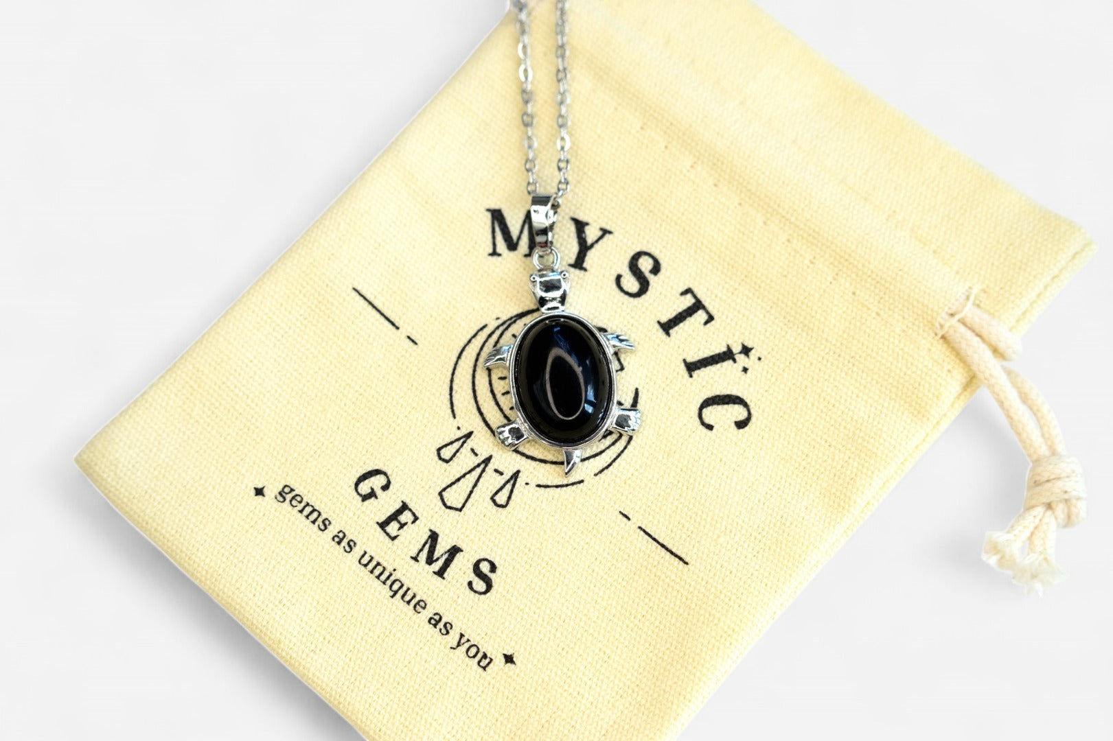 Black Onyx Turtle Natural Gemstone Pendant Necklace 50cm with Pouch - Mystic Gems