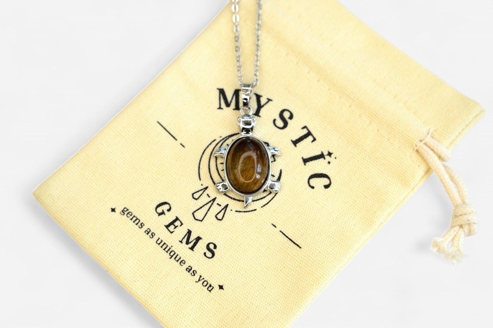Tigers Eye Turtle Natural Gemstone Pendant Necklace 50cm with Pouch - Mystic Gems