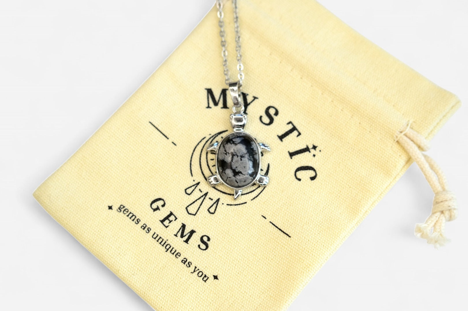 Snowflake Obsidian Turtle Natural Gemstone Pendant Necklace 50cm with Pouch - Mystic Gems