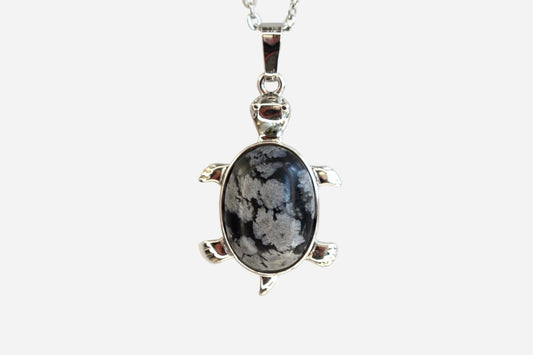 Snowflake Obsidian Turtle Natural Gemstone Pendant Necklace 50cm with Pouch - Mystic Gems