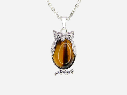 Tiger Eye Necklace Owl Natural Gemstone Pendant Necklace 50cm with Pouch - Mystic Gems