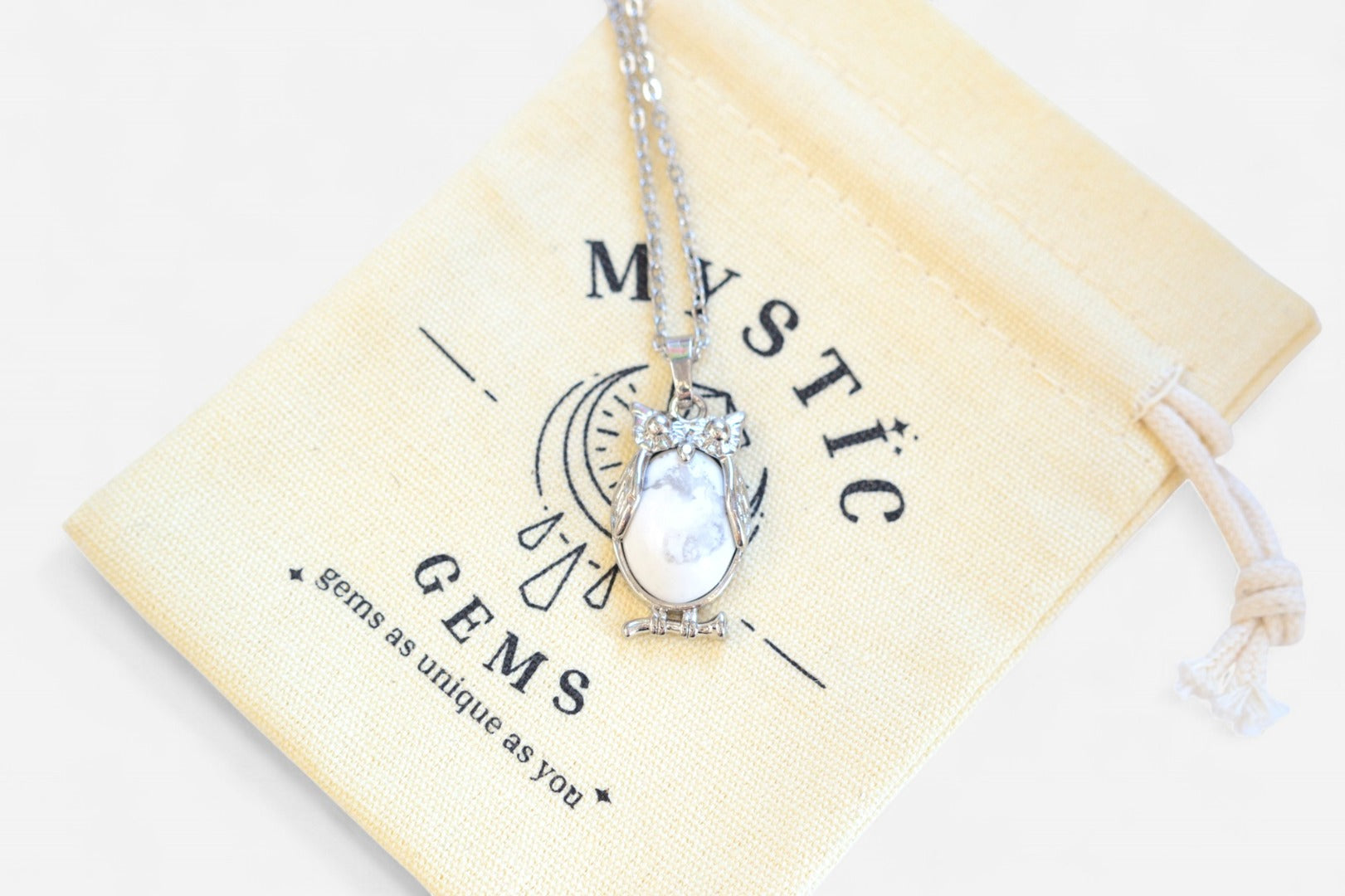 White Howlite Owl Natural Gemstone Pendant Necklace 50cm with Pouch - Mystic Gems