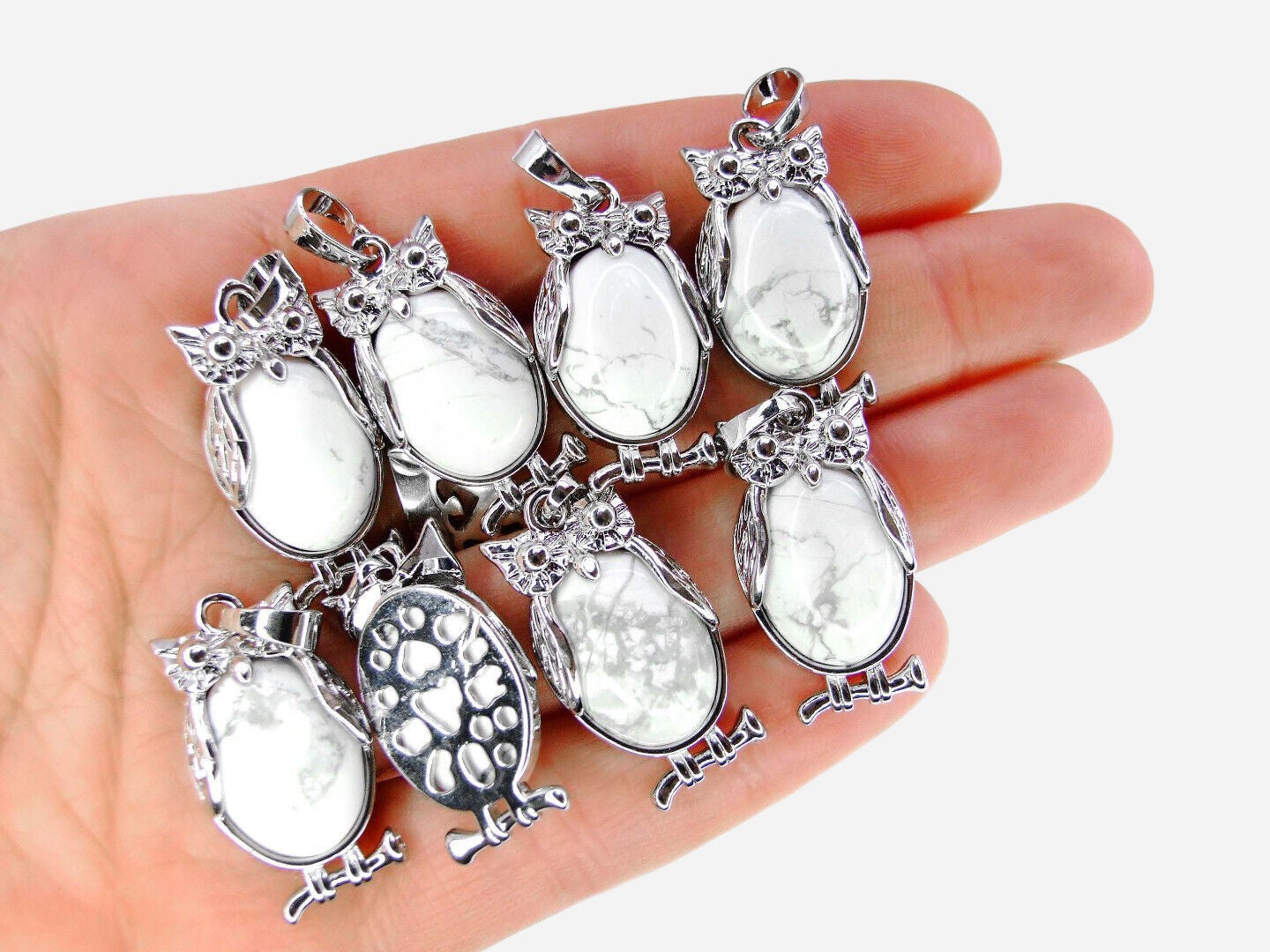 White Howlite Owl Natural Gemstone Pendant Necklace 50cm with Pouch - Mystic Gems