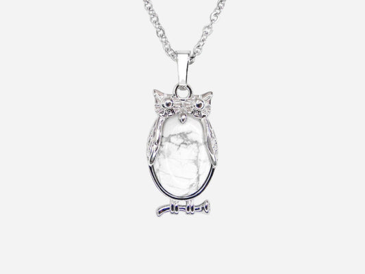 White Howlite Owl Natural Gemstone Pendant Necklace 50cm with Pouch - Mystic Gems