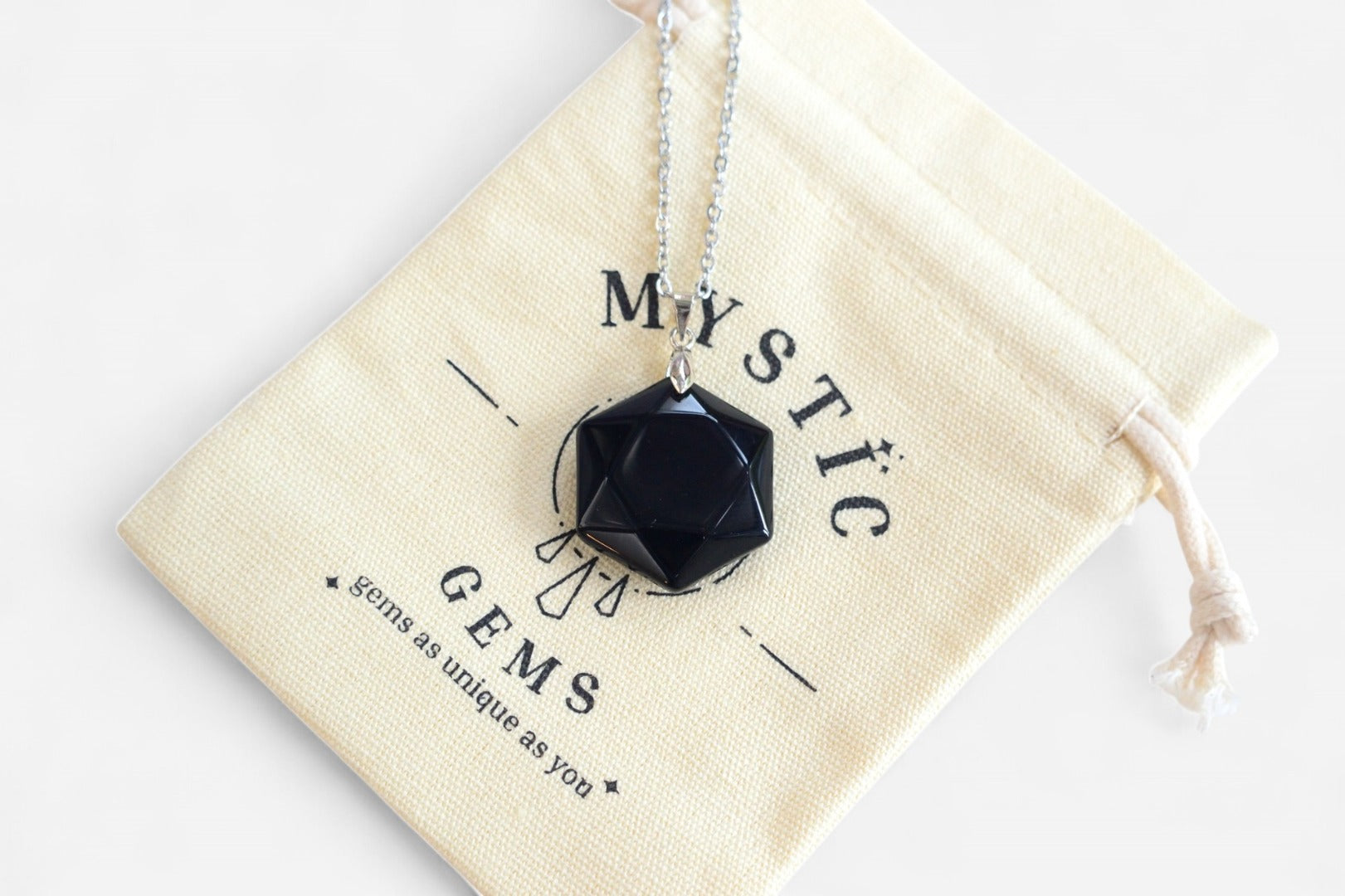 Black Obsidian Hexagon Natural Gemstone Pendant Necklace 50cm with Pouch - Mystic Gems