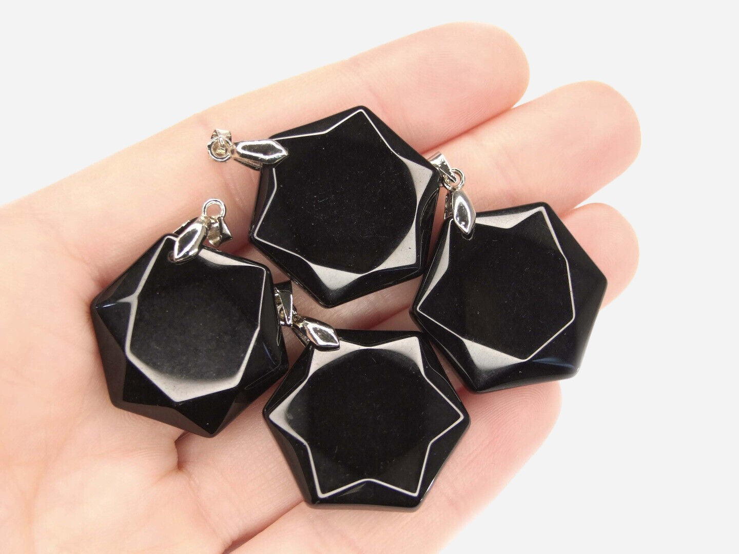 Black Obsidian Hexagon Natural Gemstone Pendant Necklace 50cm with Pouch - Mystic Gems