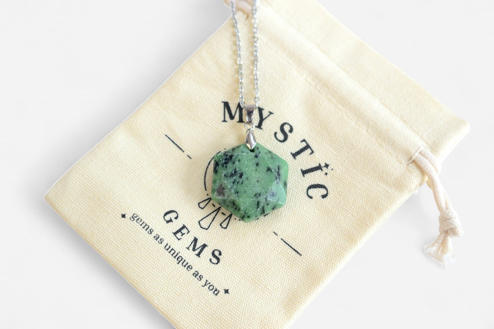 Green Zoisite Hexagon Natural Gemstone Pendant Necklace 50cm with Pouch - Mystic Gems
