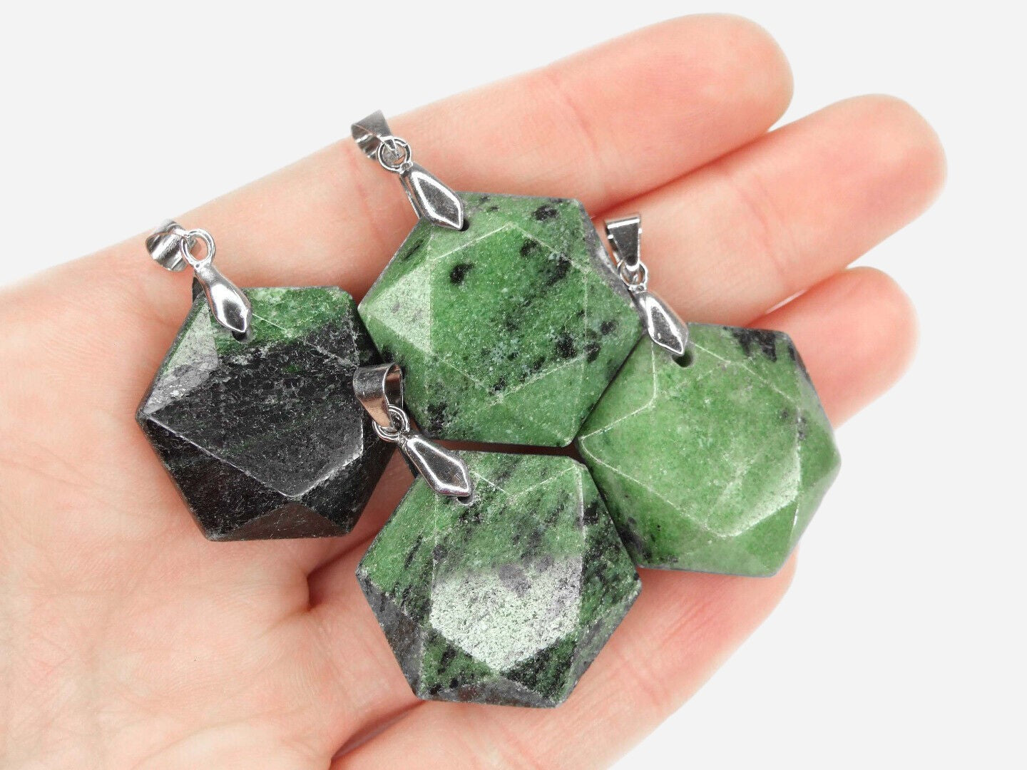 Green Zoisite Hexagon Natural Gemstone Pendant Necklace 50cm with Pouch - Mystic Gems