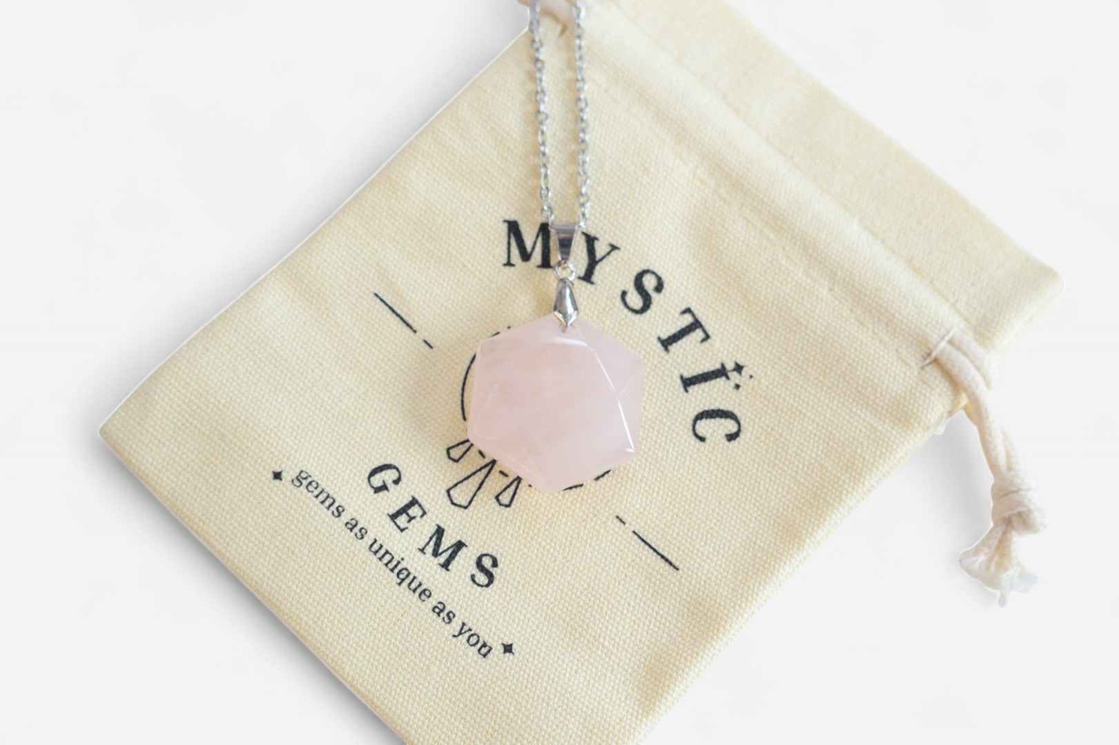 Rose Quartz Hexagon Natural Gemstone Pendant Necklace 50cm with Pouch - Mystic Gems