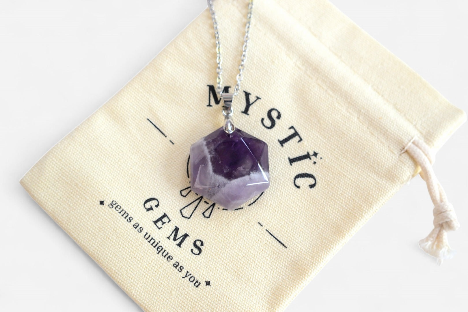 Amethyst Hexagon Natural Gemstone Pendant Necklace 50cm with Pouch - Mystic Gems