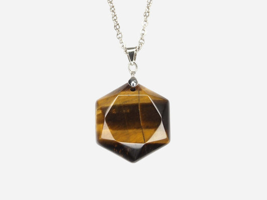 Tiger Eye Hexagon Natural Gemstone Pendant Necklace 50cm with Pouch - Mystic Gems