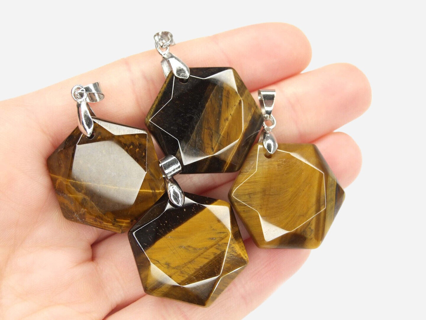 Tiger Eye Hexagon Natural Gemstone Pendant Necklace 50cm with Pouch - Mystic Gems