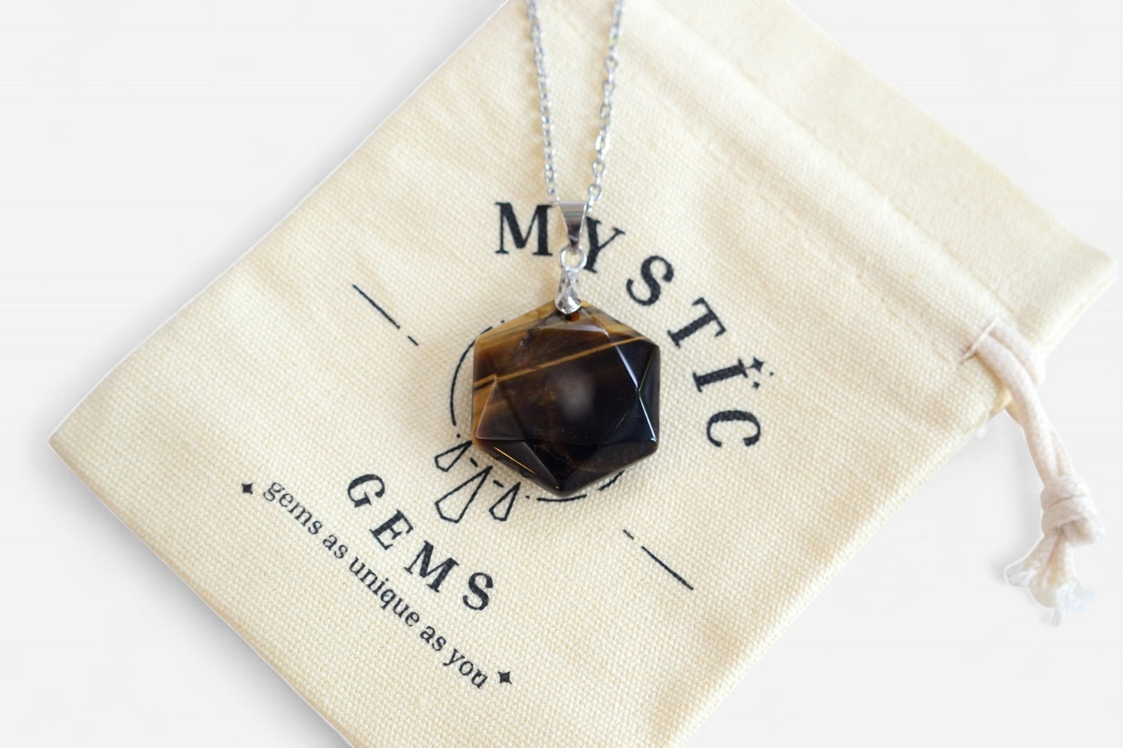Tiger Eye Hexagon Natural Gemstone Pendant Necklace 50cm with Pouch - Mystic Gems