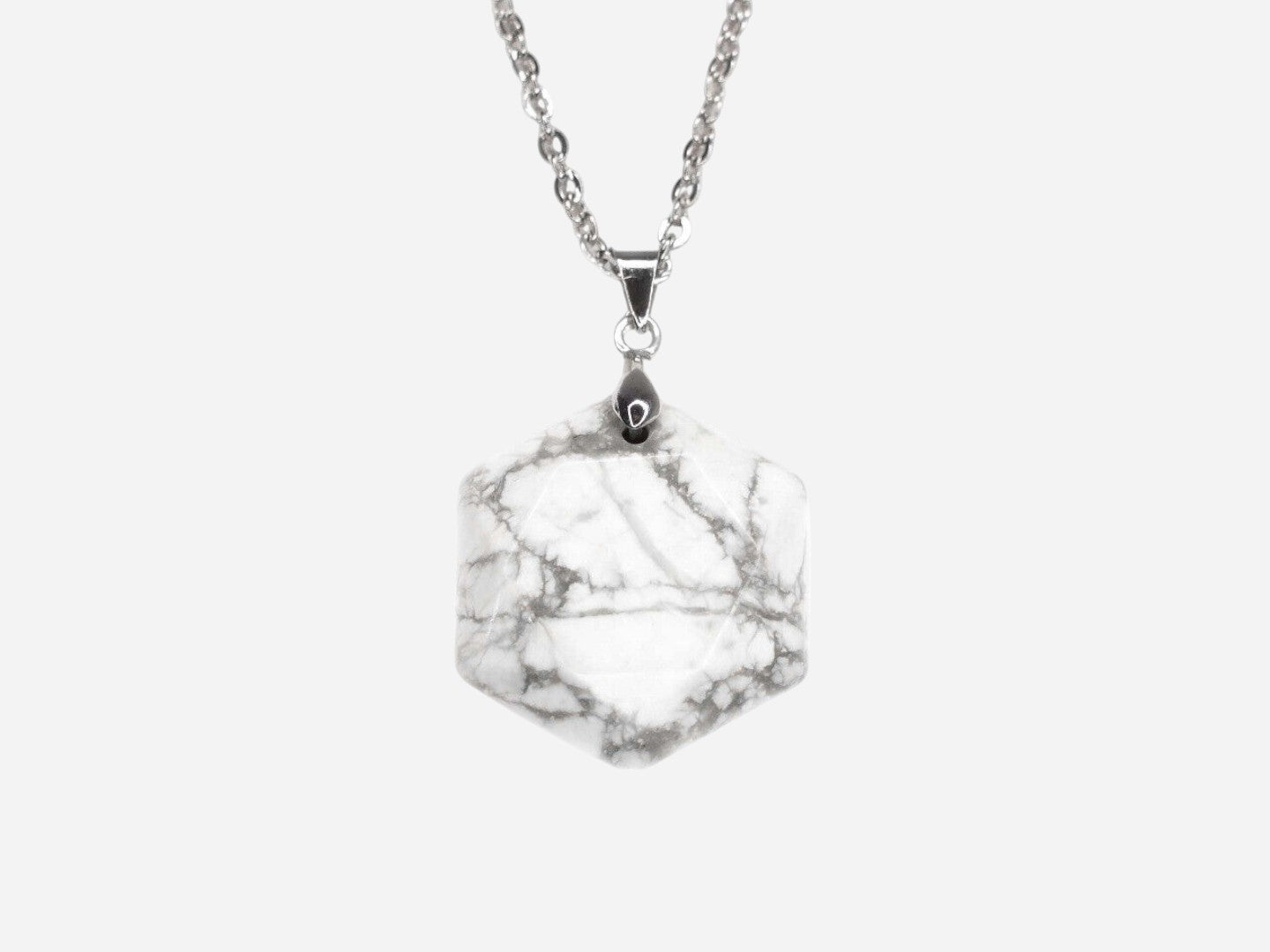 White Howlite Hexagon Natural Gemstone Pendant Necklace 50cm with Pouch - Mystic Gems