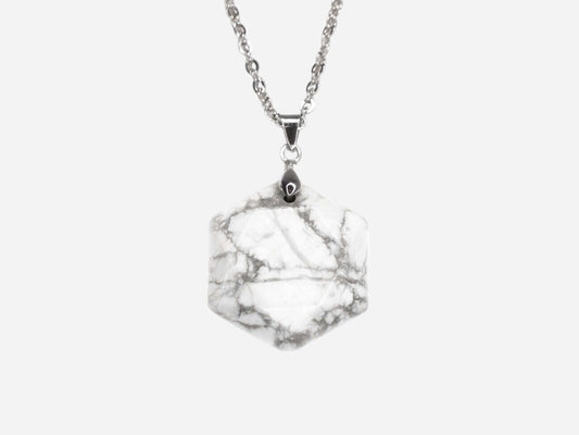 White Howlite Hexagon Natural Gemstone Pendant Necklace 50cm with Pouch - Mystic Gems