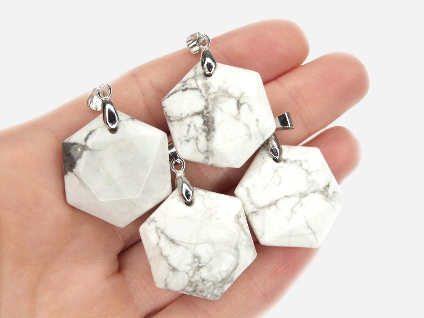 White Howlite Hexagon Natural Gemstone Pendant Necklace 50cm with Pouch - Mystic Gems