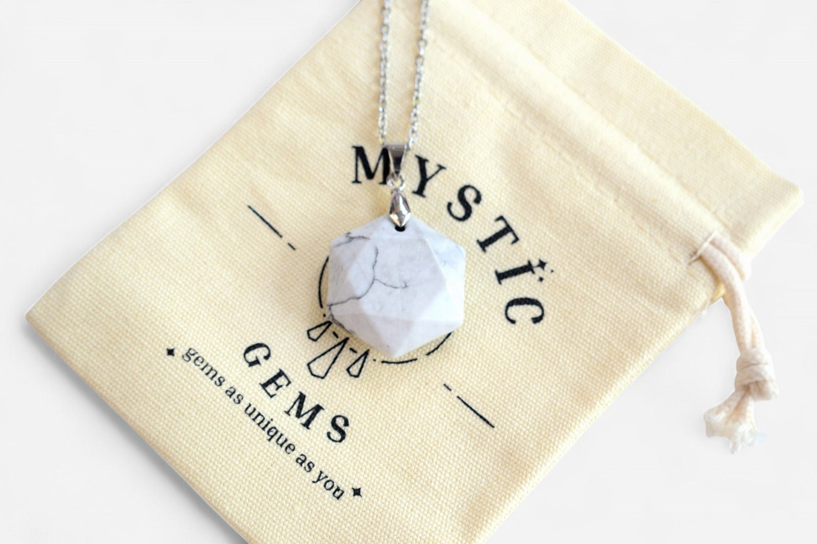 White Howlite Hexagon Natural Gemstone Pendant Necklace 50cm with Pouch - Mystic Gems