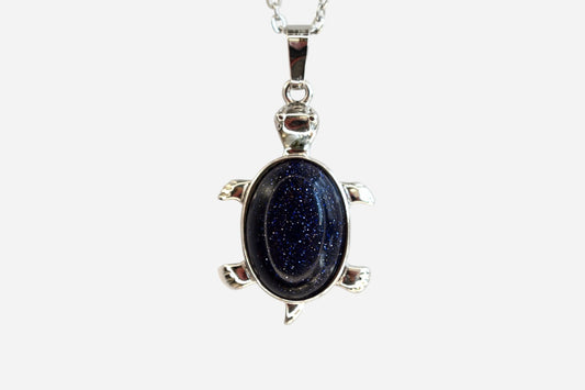 Blue Goldstone Turtle Manmade Gemstone Pendant Necklace 50cm with Pouch - Mystic Gems