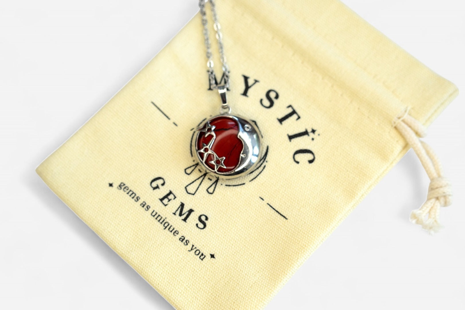 Red Jasper Moon Natural Gemstone Pendant Necklace 50cm with Pouch - Mystic Gems