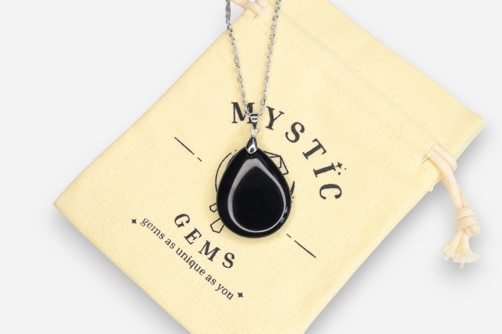 Black Obsidian Tear Natural Gemstone Pendant Necklace 50cm with Pouch - Mystic Gems