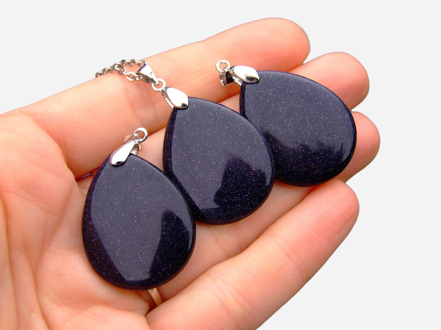 Blue Goldstone Tear Natural Gemstone Pendant Necklace 50cm with Pouch - Mystic Gems