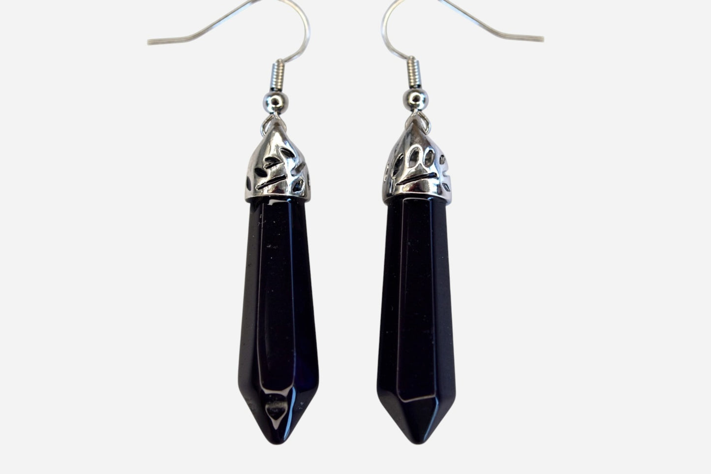 Black Onyx Earrings Hexagonal Shape Natural Gemstone Silver Plated Chakra Reiki