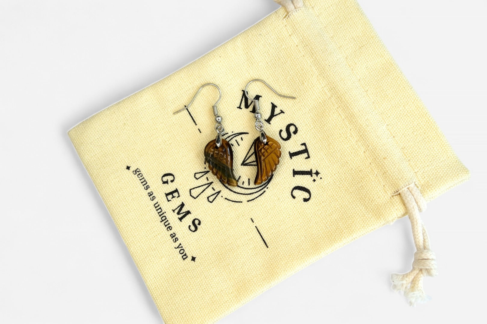 Tigers Eye Small Angel Wing Natural Gemstone Earrings with Pouch - Mystic Gems