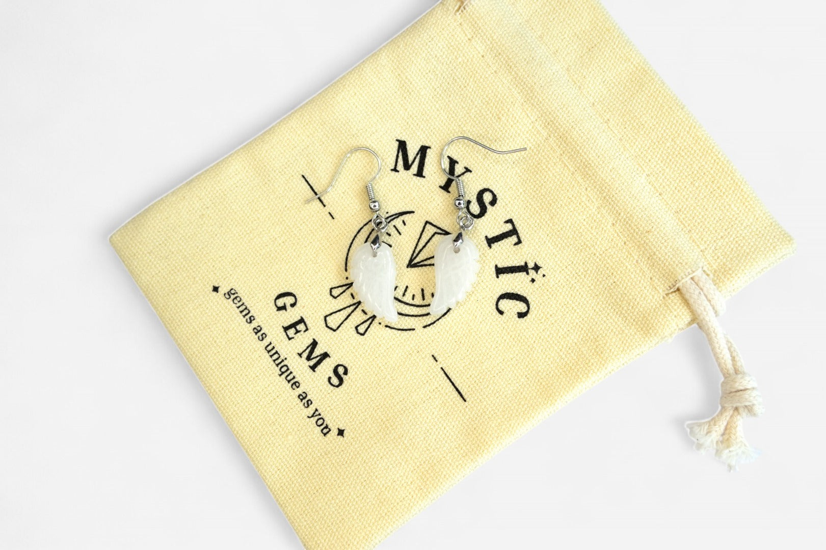 White Jade Small Angel Wing Natural Gemstone Earrings with Pouch - Mystic Gems