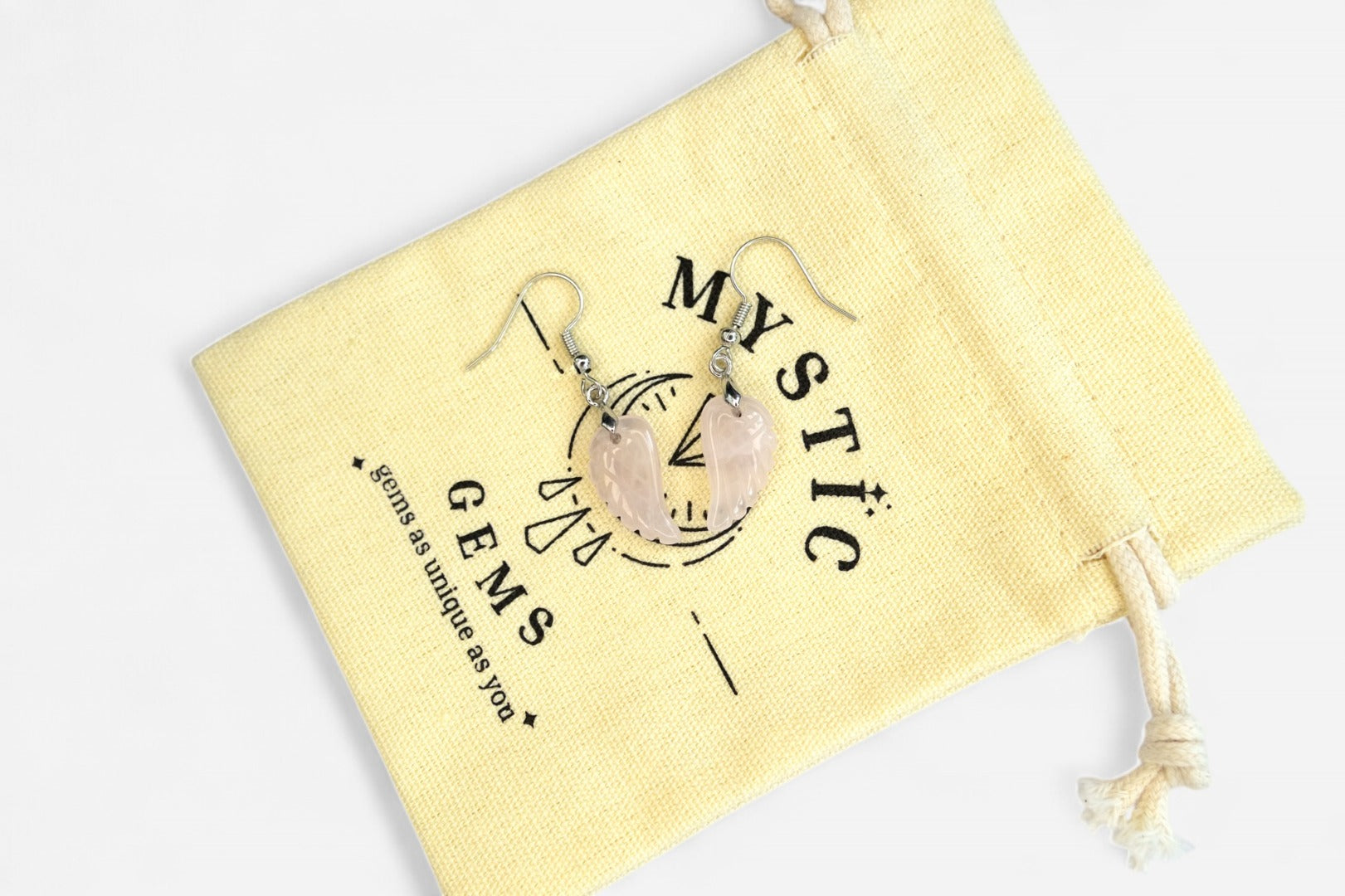 Rose Quartz Small Angel Wing Natural Gemstone Earrings with Pouch - Mystic Gems
