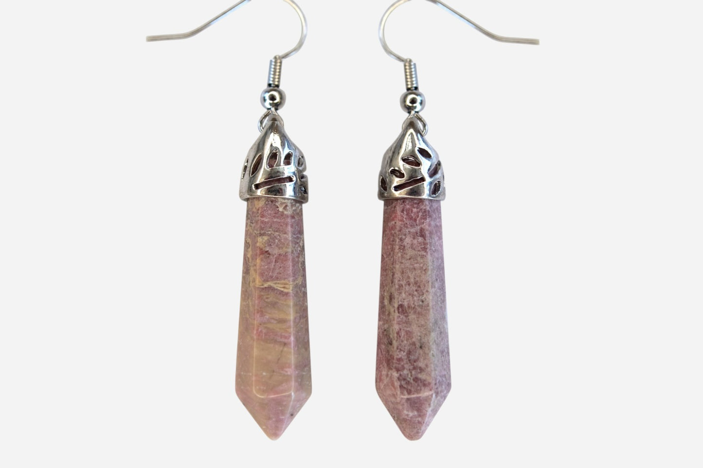 Rhodonite Earrings Hexagonal Shape Natural Gemstone Silver Plated Chakra Reiki