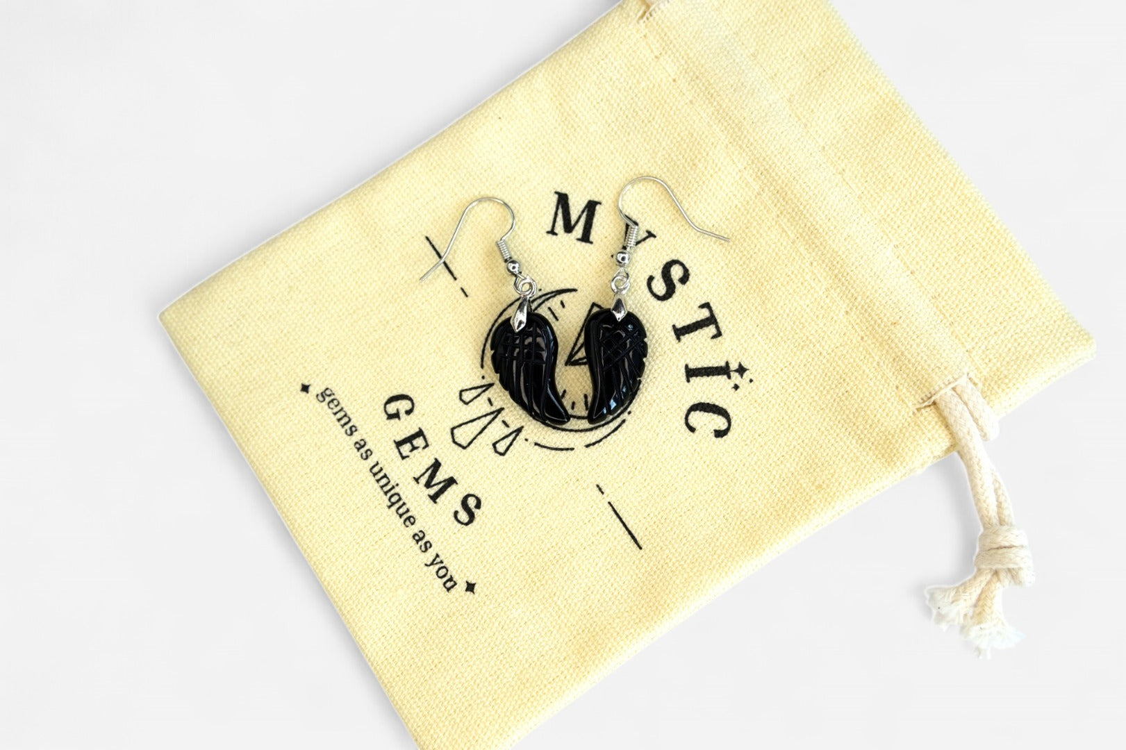 Black Onyx Small Angel Wing Natural Gemstone Earrings with Pouch - Mystic Gems