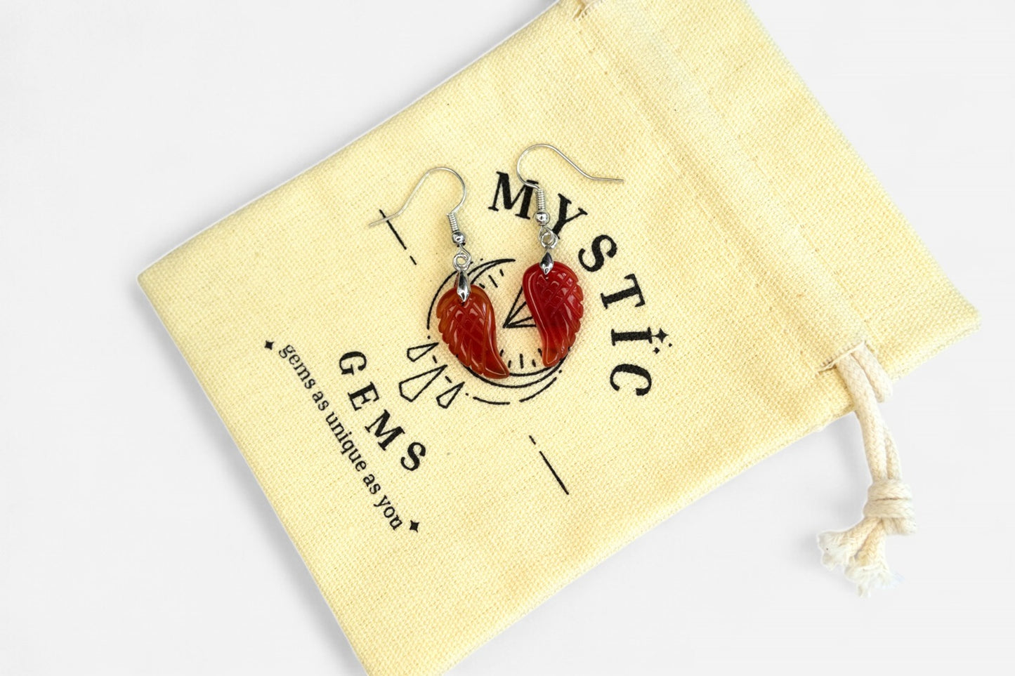 Red Agate Small Angel Wing Natural Gemstone Earrings with Pouch - Mystic Gems