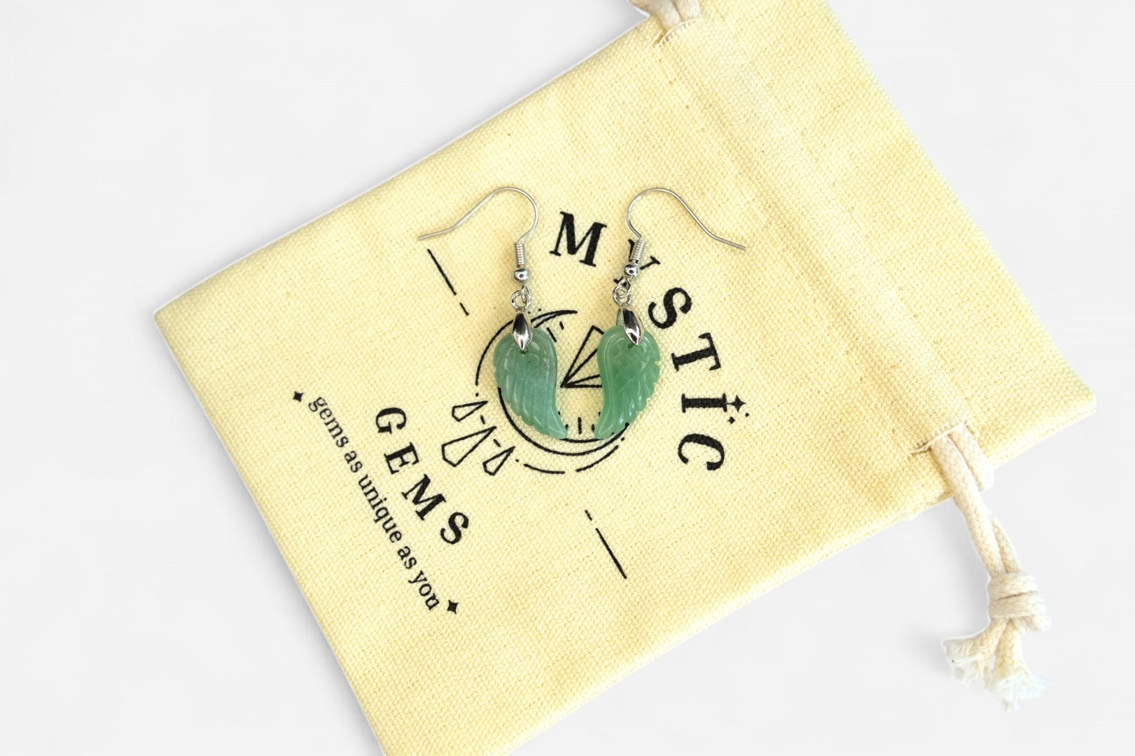 Green Aventurine Small Angel Wing Natural Gemstone Earrings with Pouch - Mystic Gems