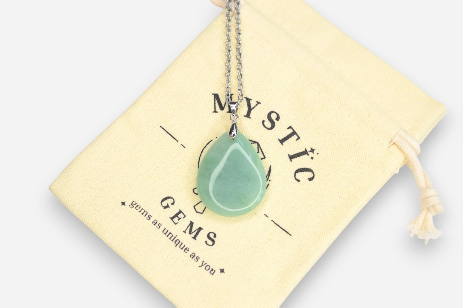 Green Aventurine Tear Natural Gemstone Pendant Necklace 50cm with Pouch - Mystic Gems