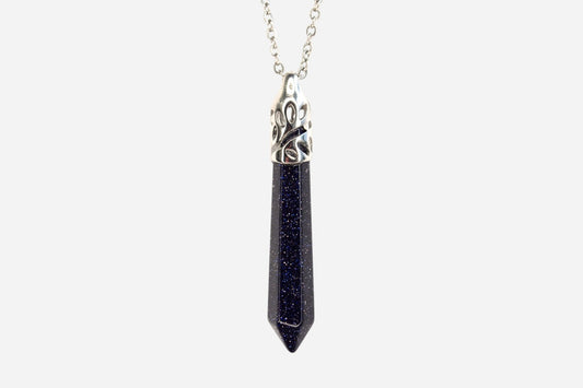 Blue Goldstone Long Hexagonal Manmade Gemstone Pendant Necklace 50cm with Pouch - Mystic Gems