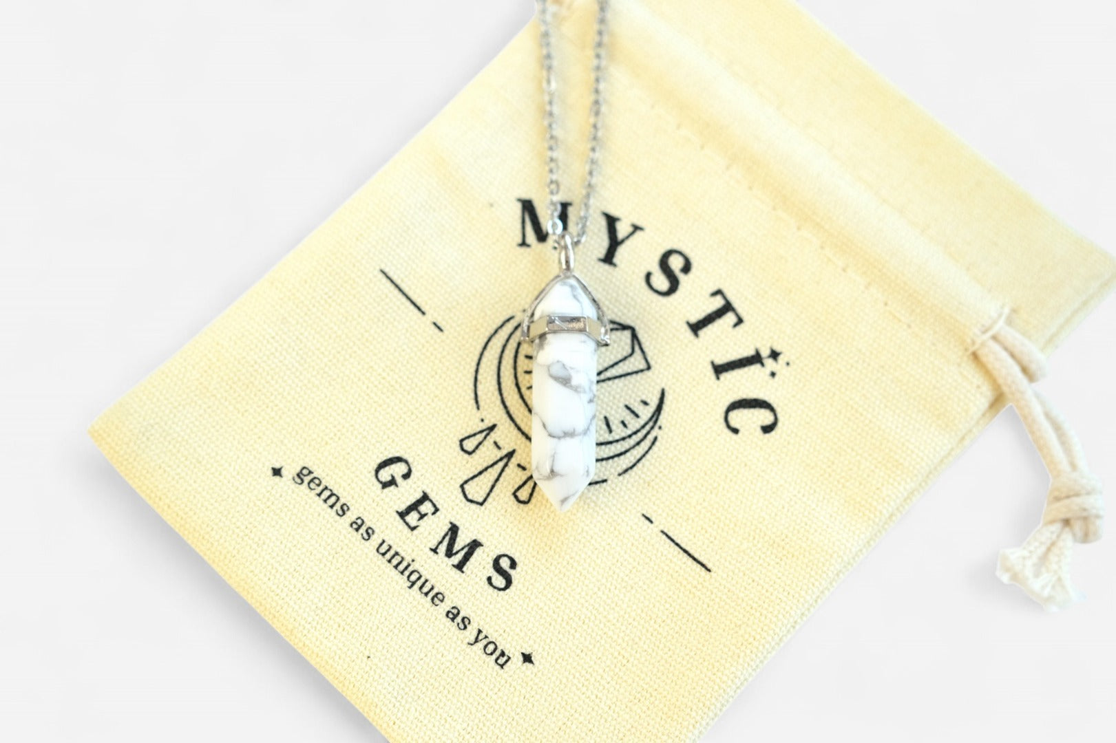 White Howlite Hexagonal Natural Gemstone Pendant Necklace 50cm with Pouch - Mystic Gems