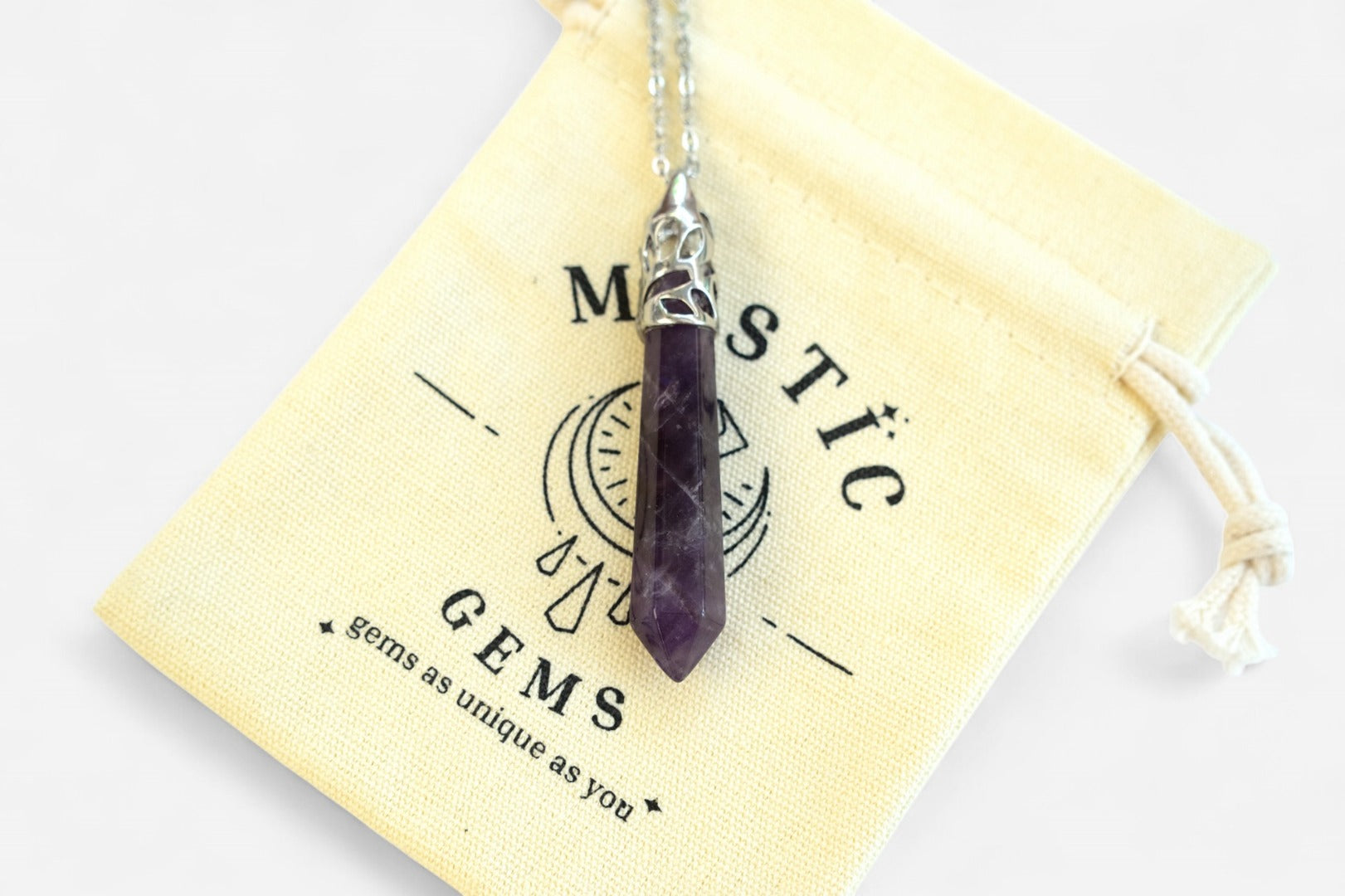 Amethyst Long Hexagonal Natural Gemstone Pendant Necklace 50cm with Pouch - Mystic Gems