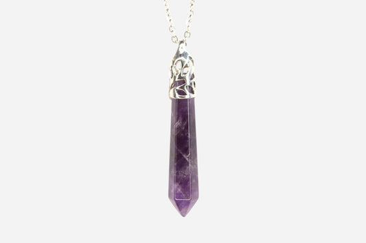 Amethyst Long Hexagonal Natural Gemstone Pendant Necklace 50cm with Pouch - Mystic Gems