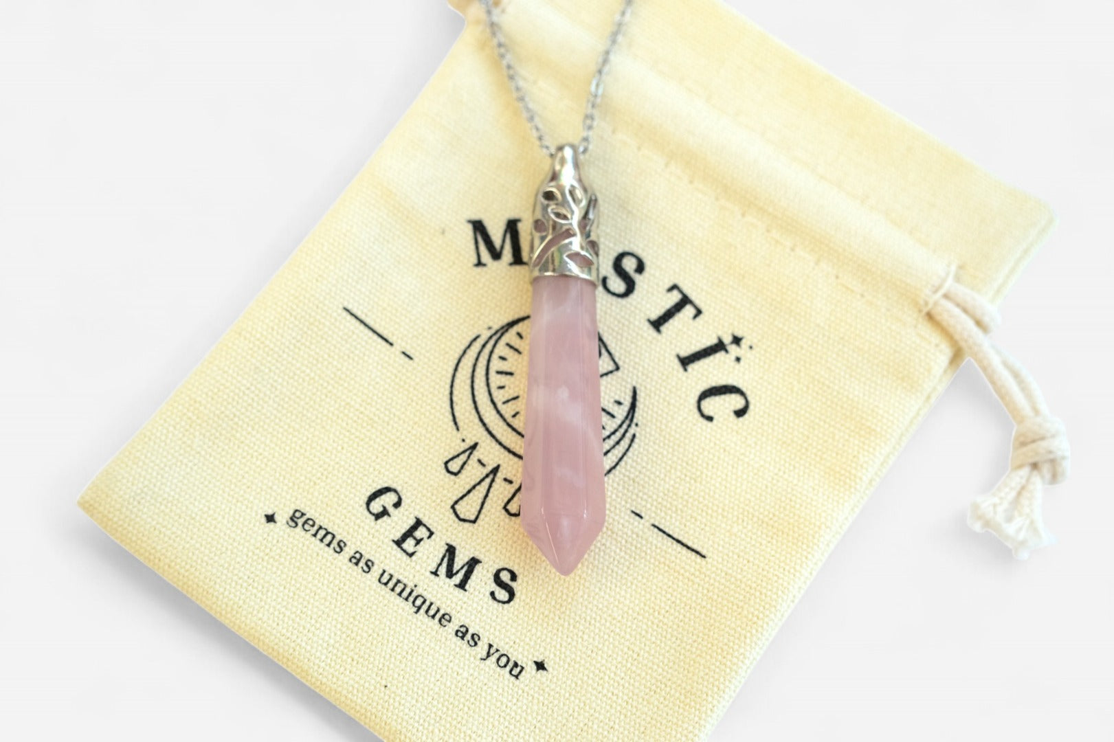 Rose Quartz Long Hexagonal Natural Gemstone Pendant Necklace 50cm with Pouch - Mystic Gems