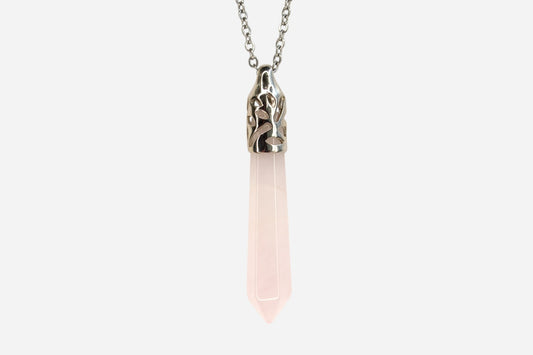 Rose Quartz Long Hexagonal Natural Gemstone Pendant Necklace 50cm with Pouch - Mystic Gems