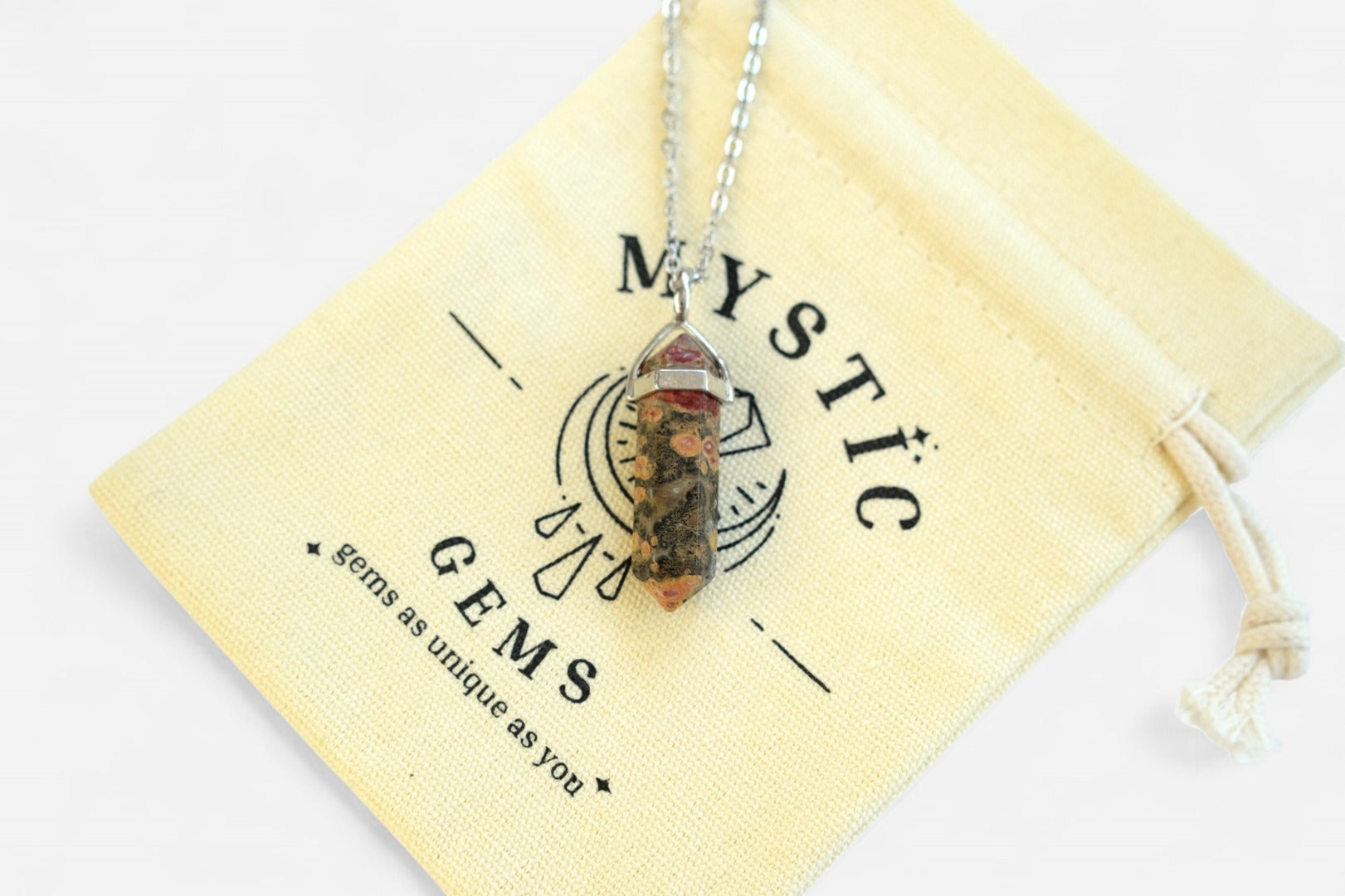 Leopard Skin Jasper Hexagonal Natural Gemstone Pendant Necklace 50cm with Pouch - Mystic Gems