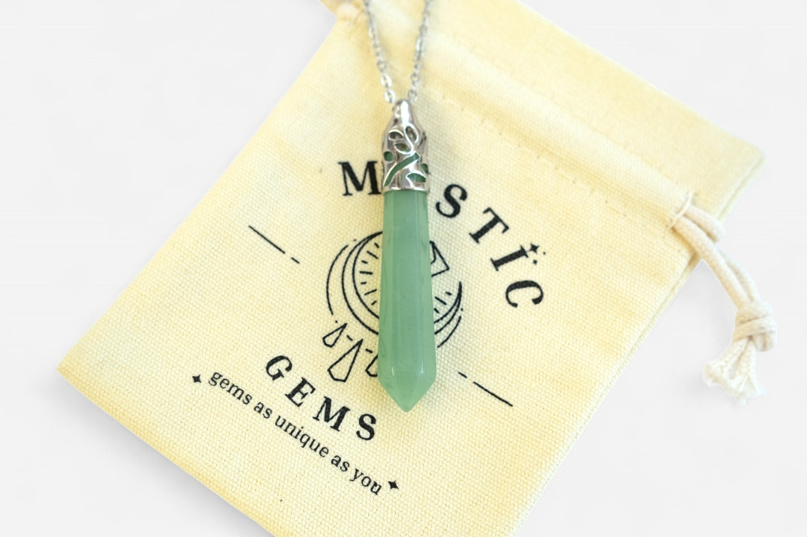 Green Aventurine Long Hexagonal Natural Gemstone Pendant Necklace 50cm with Pouch - Mystic Gems