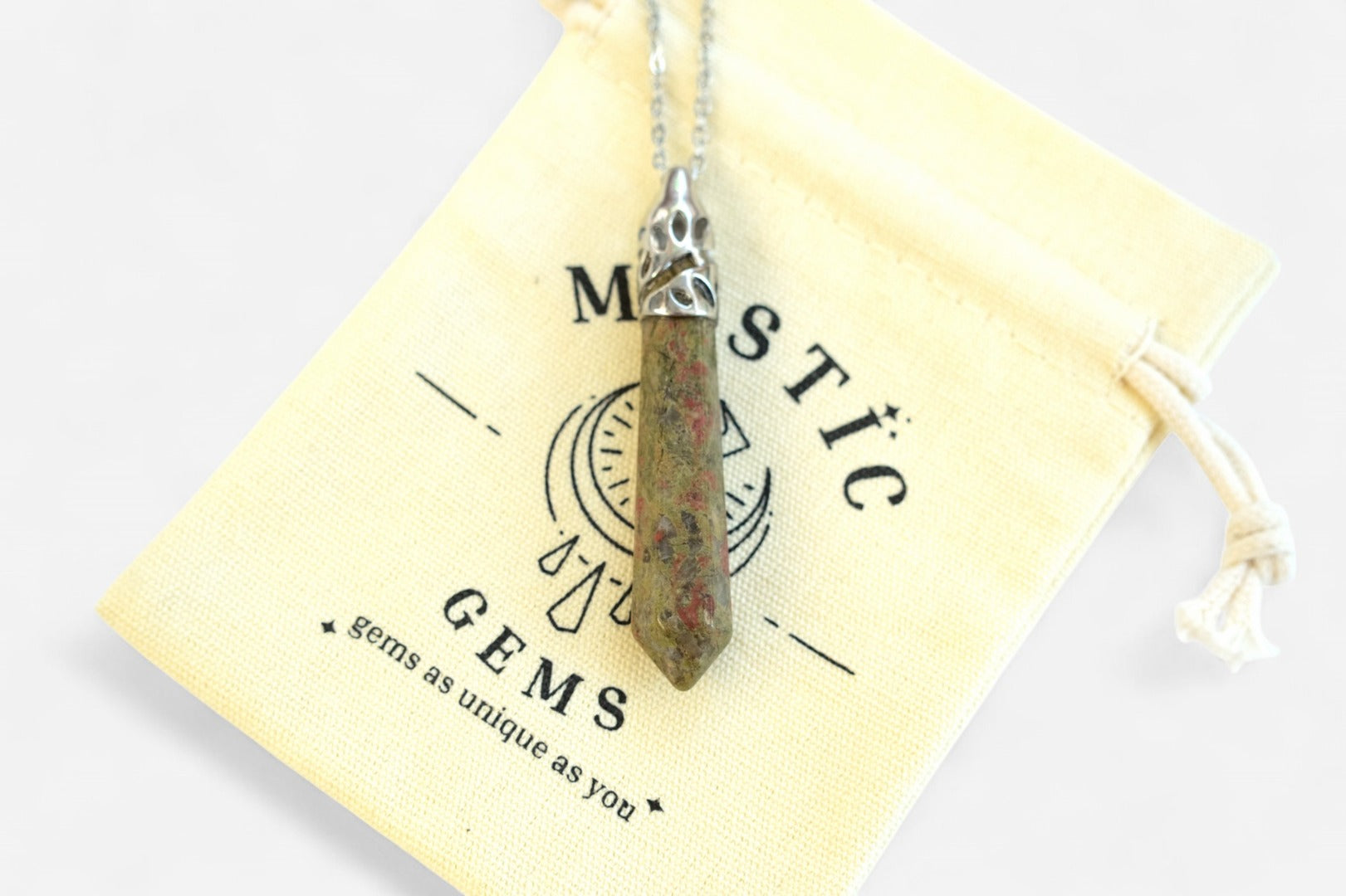 Unakite Long Hexagonal Natural Gemstone Pendant Necklace 50cm with Pouch - Mystic Gems