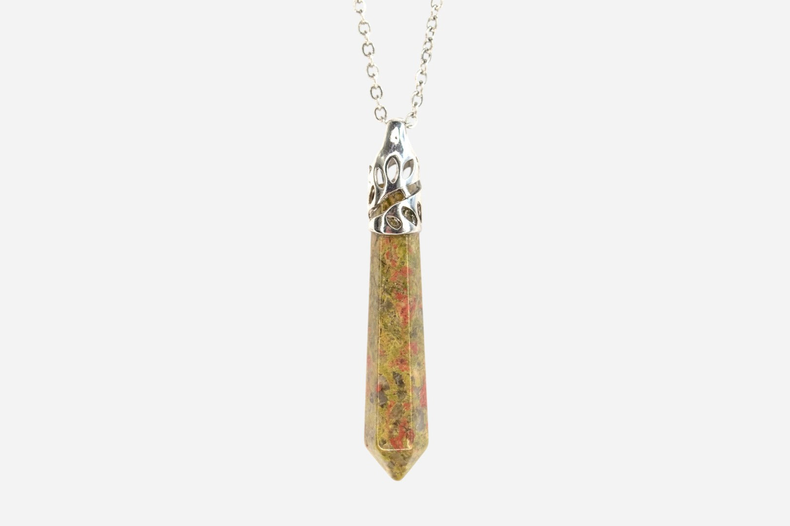 Unakite Long Hexagonal Natural Gemstone Pendant Necklace 50cm with Pouch - Mystic Gems