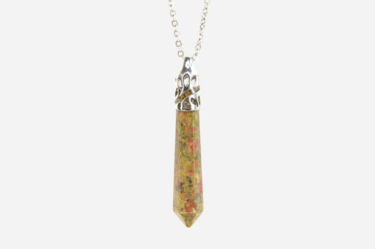 Unakite Long Hexagonal Natural Gemstone Pendant Necklace 50cm with Pouch - Mystic Gems