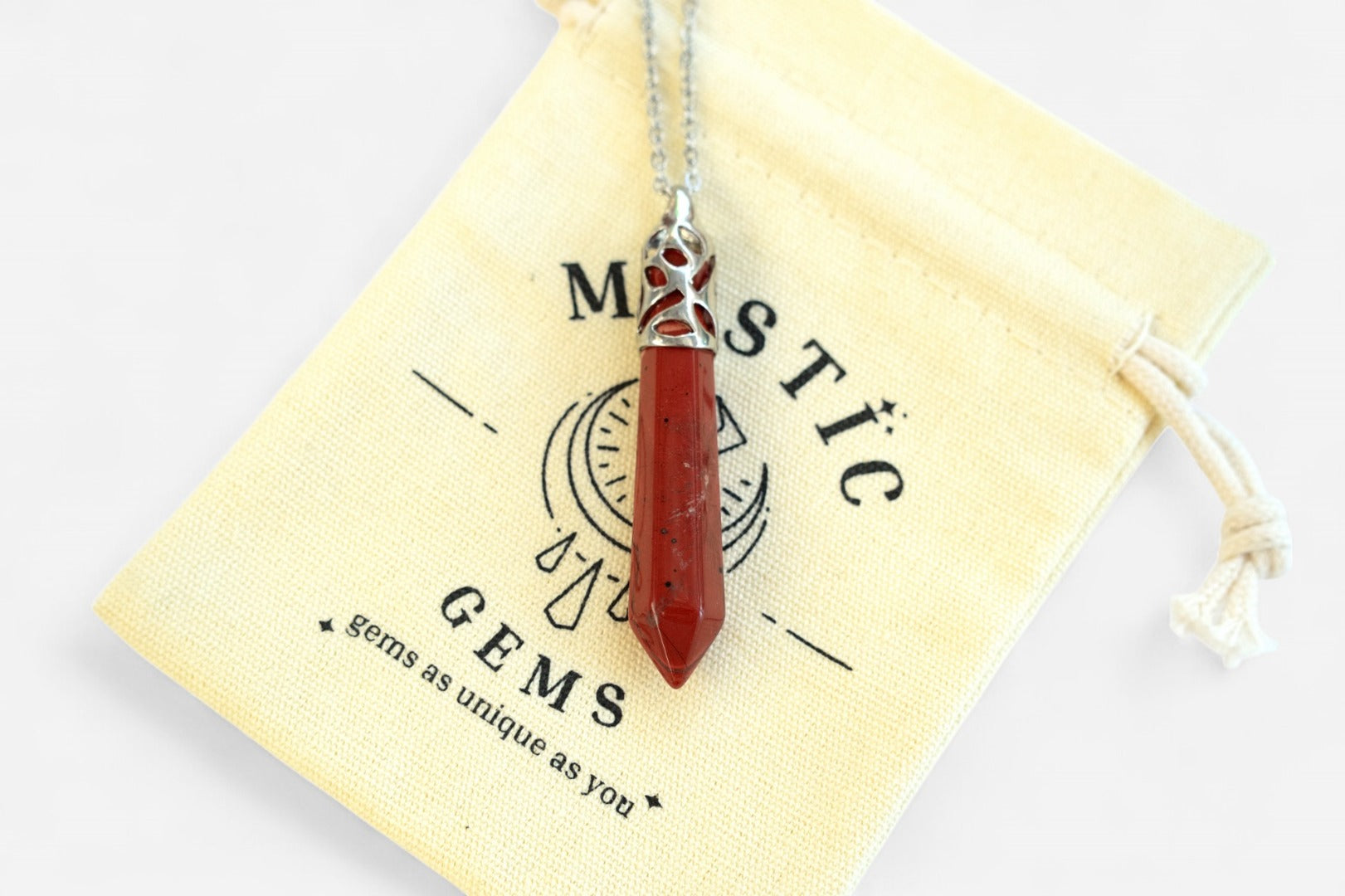 Red Jasper Long Hexagonal Natural Gemstone Pendant Necklace 50cm with Pouch - Mystic Gems